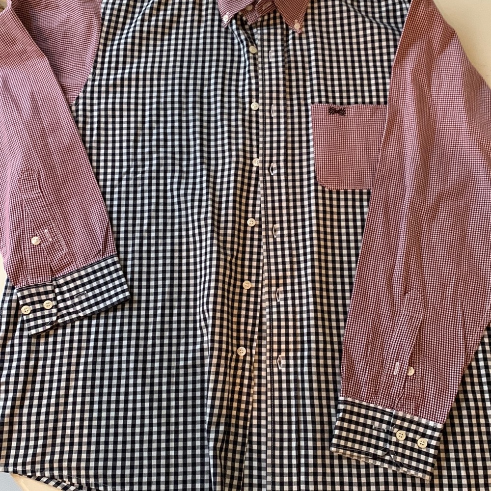 Fraternity Collection button down shirt red checkered and black checkered.